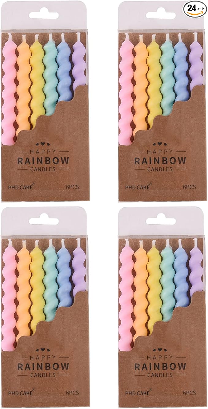 PHD CAKE 24-Count Rainbow Spiral Birthday Candles with Holders, Party Candles, Cake Candles