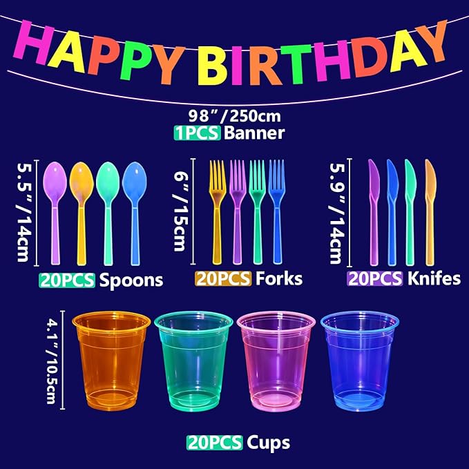 Glow in the Dark Party Supplies, Including Colorful Plates Napkins Tablecloth Happy Birthday Banner with UV Black Light Reactive and Dinnerware for Neon Themed Birthday Party, Serves 20