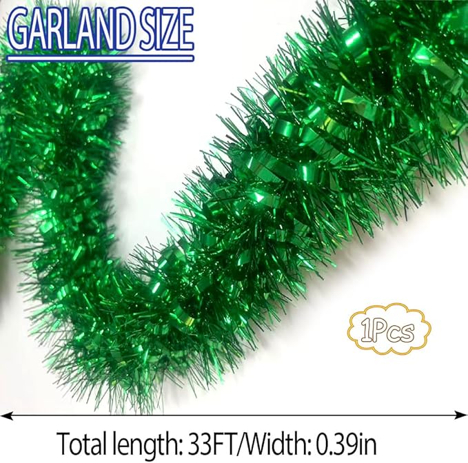 33Ft Christmas Tinsel Garland Shiny Thick Tinsel Xmas Tree Decor Metallic Twist Foil Garland for New Year Parties Birthday Party ST Patricks Day Parade Floats Indoor Outdoor Supplies - Green