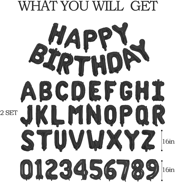 75pcs 16" Happy Birthday Balloon Banner, Black Balloons Letters, Personalized Mylar Foil Birthday Decorations includes 2 Sets A- Z, 1 set Number 0-9 "HAPPY BIRTHDAY" letters