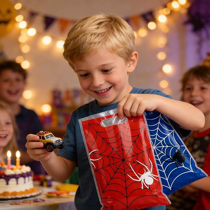 Xyinxy 40Pcs Spider Web Party Favor Bags, Red & Blue Cartoon Plastic Goodie Candy Bags for Party Supplies, Spider Treat Cookie Gift Bags with Handles for Birthday Party Theme
