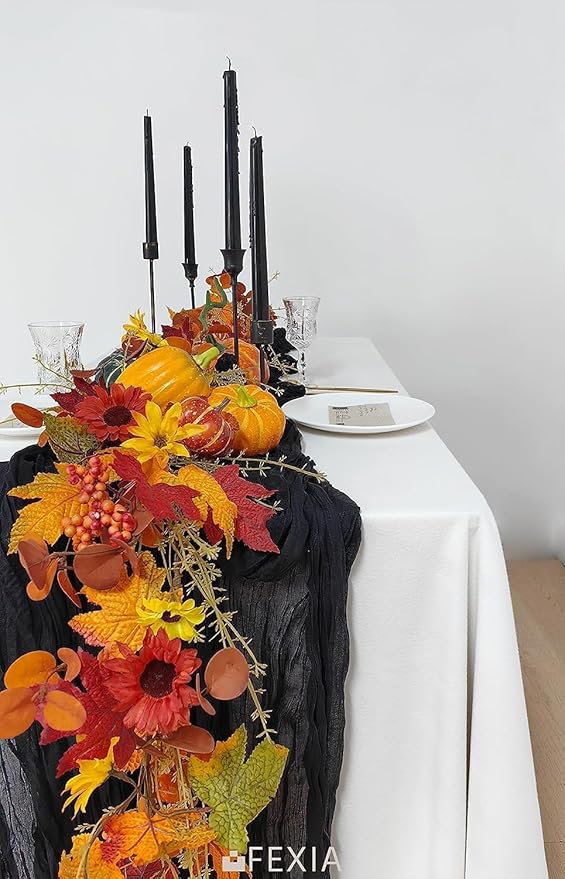 FEXIA 10 Pack Black Table Runner 35x120 Inches Gauze Rustic Gothic Farmhouse Decor for Halloween Thanksgiving Funeral First Communion Centerpiece Table Decorations (Black)
