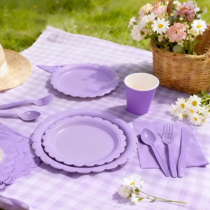176 PCS Purple Party Decorations - Light Purple Scalloped Plates, Napkins, Cups, Cutlery, Tablecloth for Baby Shower, Wedding, Lavender Birthday Decorations, Serves 25