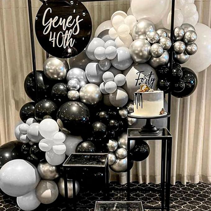 Black and Silver Balloon Arch Kit, 102Pcs Metallic Silver and Black Balloon Garland Kit Gray Party Balloons Grey Latex Balloons for Birthday Party Baby Shower Wedding Bridal Shower