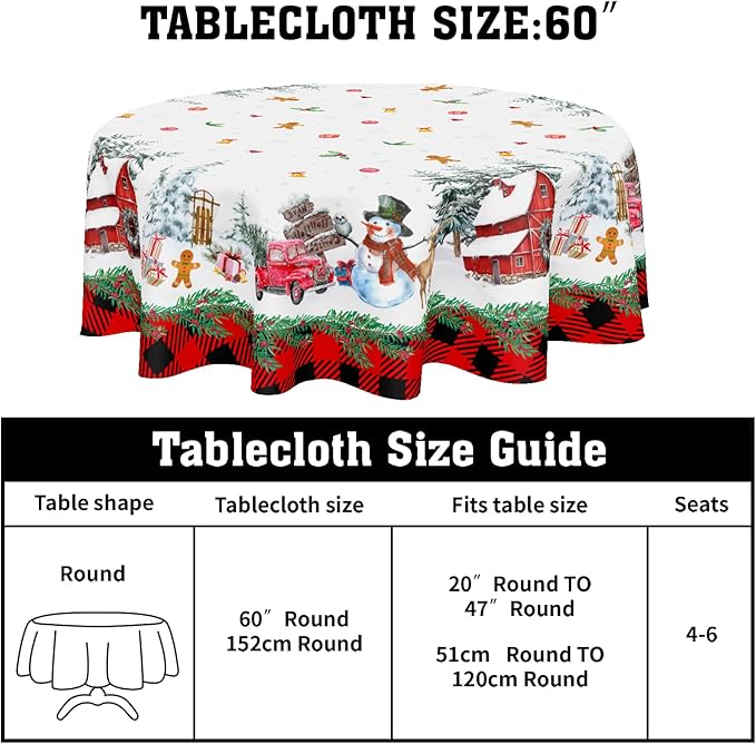 Merry Christmas Tablecloth Round 60 Inch Snowman Winter Table Cloth Washable Black Red Buffalo Plaid Snowflake Christmas Table Cover for Kitchen Dinner Room Holiday Party Indoor Outdoor Home Decor