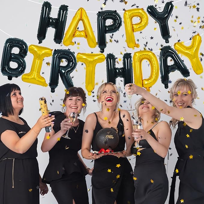 TONIFUL Happy Birthday Balloons Banner with Ribbon Straw, 16 Inch Mylar Letters Birthday Sign Banner Balloon Bunting Reusable for Girls Boys Kids & Adults Birthday Halloween Supplies（Black Gold）