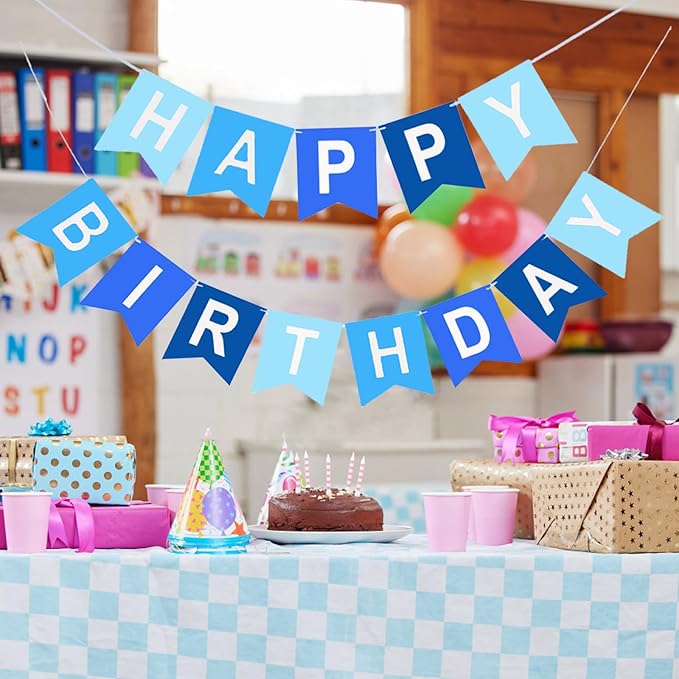 Happy Birthday Banner, Blue Colors Birthday Party Banner Assembled Garland Bunting Flags Women Men Girl Boy Party Hanging Decorations Indoor/Outdoor Supplies