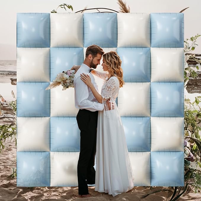 Baby Blue White Square Foil Balloons Wall, 25PCS Dusty Blue and Pastel Cream Square Balloons Backdrop, Double Sided Tunnel Arch Background for Boho Baby Shower Boys Men Birthdays Wedding Bridal