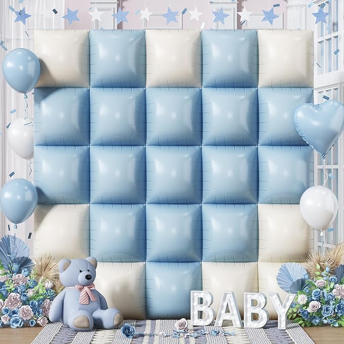 Baby Blue White Square Foil Balloons Wall, 25PCS Dusty Blue and Pastel Cream Square Balloons Backdrop, Double Sided Tunnel Arch Background for Boho Baby Shower Boys Men Birthdays Wedding Bridal