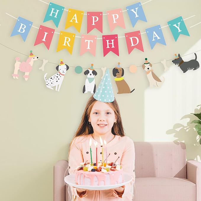 Dog Themed Banner Happy Birthday Banner Backdrop Colorful Decoration Kids Baby Dog Birthday Party Supplies