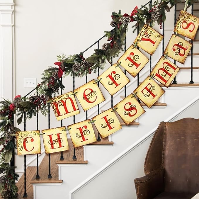 Christmas Decorations - Vintage Merry Christmas Banner - Retro Nostalgic Traditional Old Fashioned Victorian Xmas Holiday Clearance Decor for Indoor Home Office Fireplace Mantle Farmhouse