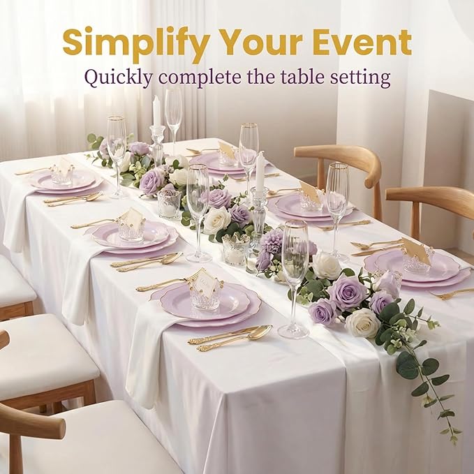 NOCCUR 175PCS Purple Plastic Plates with Gold Disposable Silverware - Include 50 Lavender and Gold Plastic Plates,25 Knives,25 Forks,25 Spoons,25 Cups and 25 Napkins - Easter Day/Spring Party