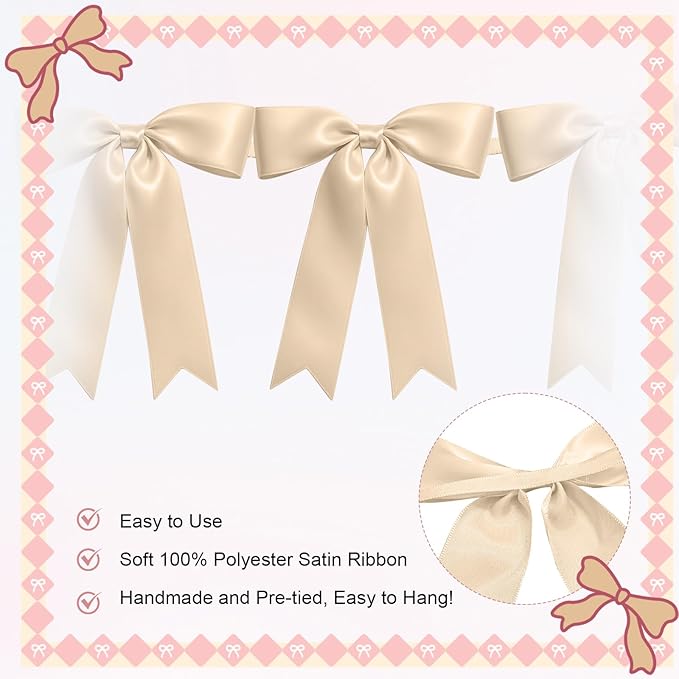 1 String of 8PCS Champange Bow Garland Banner Decoration,Pre-Strung Satin Ribbon Ornaments for Birthday,Bachelorette Party,Bridal Shower,Wedding,Engagement,Baby Shower,Graduation Decor,Anniversary