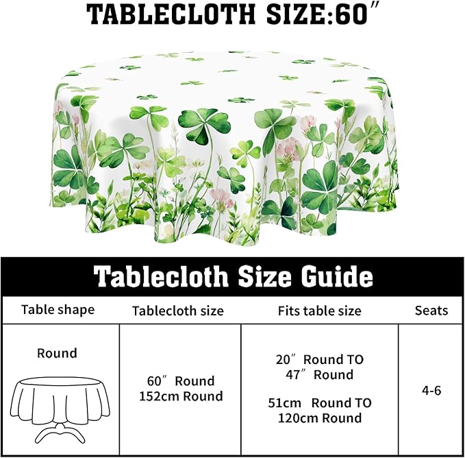 St Patricks Day Tablecloth Round 60 Inch Green Shamrock Table Cloth Farmhouse St Patrick's Day Table Cover for Kitchen Dinner Room Holiday Party Indoor Outdoor Home St Patricks Day Decor