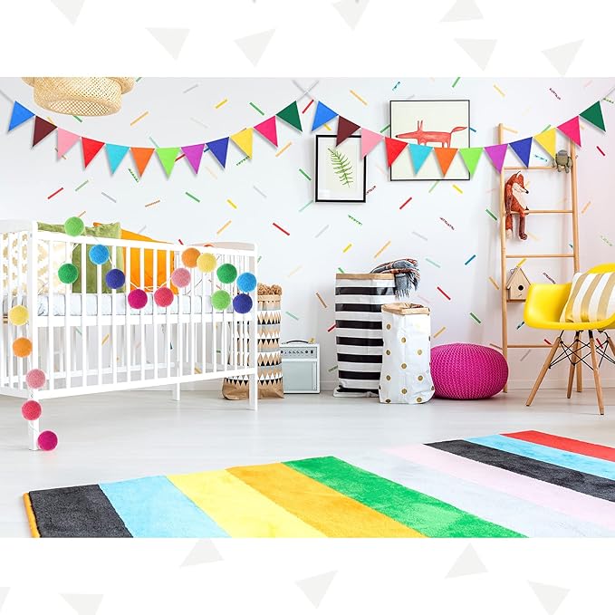 Irenare 9.8ft Pom Pom Garland Felt Rainbow Garland Graduation Party Decoration Colorful Pennant Tassel Banner Birthday Baby Shower Triangle Banner for Classroom School Mantel Fireplace(Multicolor)