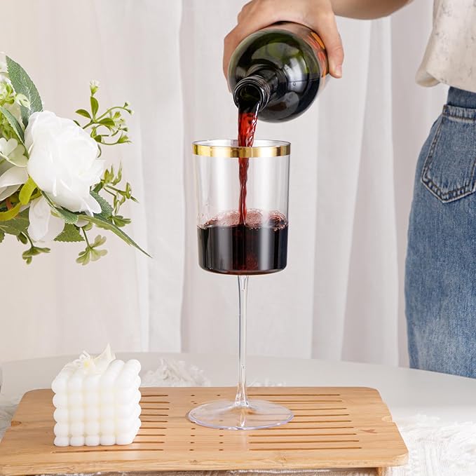 Ciaell 12 Pack Plastic Wine Glasses - 14 Oz Plastic Wine Glasses with Stem - Square Gold Disposable Stemmed Glass for Parties & Weddings & Outdoors