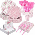 Shellwei 410 Pcs Tea Party Supplies Elegant Floral Paper Plates and Napkins Set Disposable Party Tableware Sets with Cups Knives Forks Spoons Seat Card Favors for 50 Guests