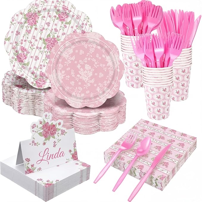 Shellwei 410 Pcs Tea Party Supplies Elegant Floral Paper Plates and Napkins Set Disposable Party Tableware Sets with Cups Knives Forks Spoons Seat Card Favors for 50 Guests