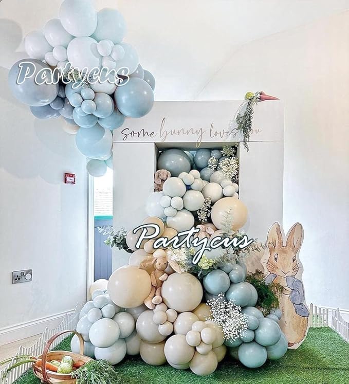 Dusty Blue White Sand Balloon Garland Double Stuffed Pastel Light Blue Cream Beige Matte Balloon Arch Kit with Gold Latex for Neutral Baby Shower Bridal Wedding Birthday Easter Party