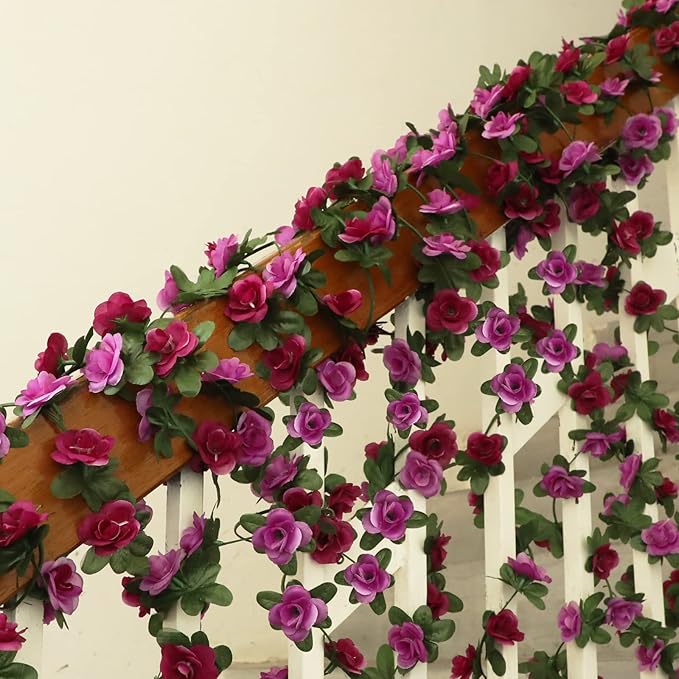 MARTINE MALL Flower Garland - Rose Vines, 8 Strands 66Ft for Bedroom, Purple Rose Floral Garland for Room Table Birthday Wedding Party Garden Wall Decor