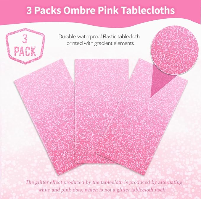 Kesfey 3 Packs Ombre Pink Tablecloth 54 x 108 Inch Gradient Pastel Pink Table Cloths Rectangle Disposable Plastic Light Pink Sprinkle Glitter Table Covers for Birthday Baby Shower Party Decorations