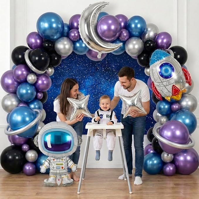 137Pcs Space Balloon Arch Garland Kit with Metallic Blue Purple Silver Black Rocket Astronaut Moon Star Balloons for Nasa Party Decor, Outer Space Party Supplies, Galaxy Theme Birthday