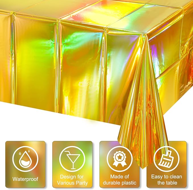 4 Pack Gold Iridescent Plastic Tablecloths Shiny Disposable Laser Rectangle Table Covers Holographic Foil Tablecloth Iridescent Party Decorations Birthday Bridal Wedding Christmas, 54 x 108 Inch