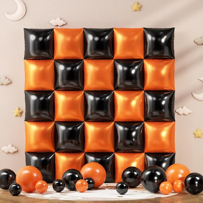 152Pcs Orange and Black Foil Square Balloon Wall Backdrop with Black Orange White Latex Balloons Arch Garland Kit, Double Sided Balloon Tunnel for Graduation, Birthday, Halloween Party Decoration