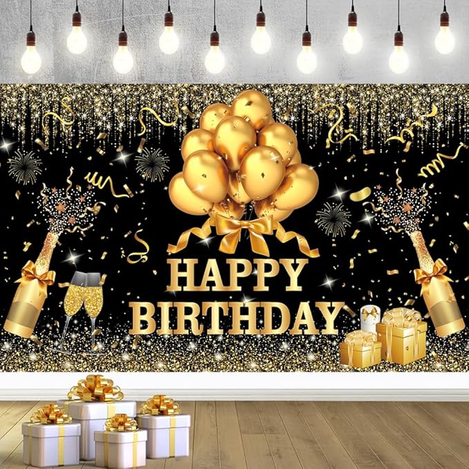 YinQin 180x120 cm Glitter Golden Black Happy Birthday Party Photography Backgrounds Backdrops Cloth 71x47 inch Shiny Black Gold Happy Birthday Sign Banner Bday Party Supplies Decoration for Women Men