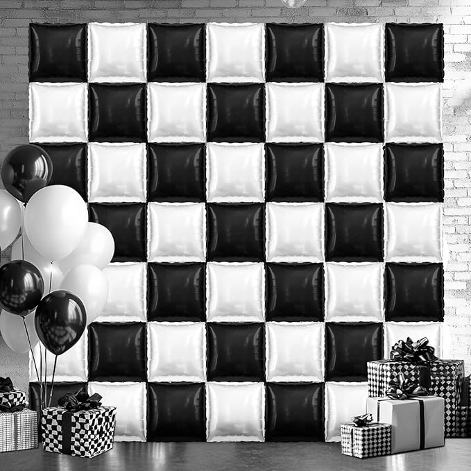 50 PCS Black and Pearl White Square Foil Balloons Wall Backdrop 19'' Reusable DIY Mylar Balloon Tunnel Arch Kit for Racing Birthday Baby Shower Wedding Bachelorette Party Background Decor