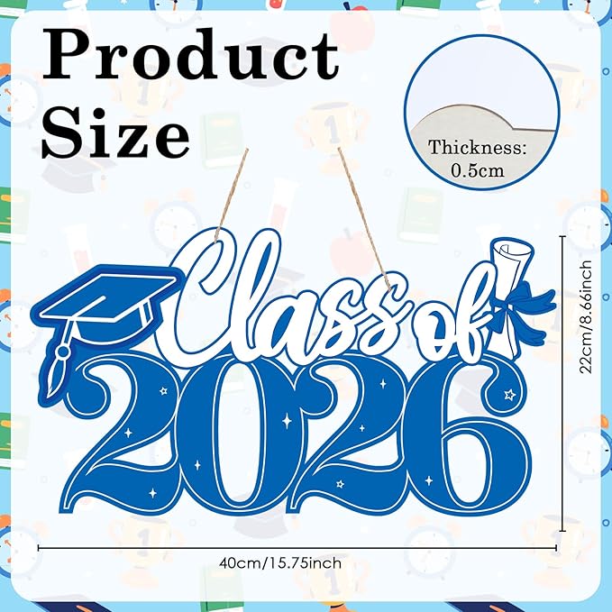 2026 Graduation Signs Decorations, 7 Pcs Class for 2026 Wooden Sign Graduation Party Photo Booth Prop, Wood Cutout High School College Graduation Ceremony Decor Supplies (Blue & White)