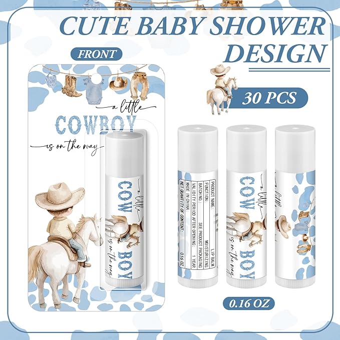 30 Pack a Little Cowboy Baby Shower Games Prizes Party Gifts Bulk Lip Balms Favors for Winners Adults Guests Gender Reveal Favors Decorations Baby Shower Souvenirs Gift Bags Stuffers