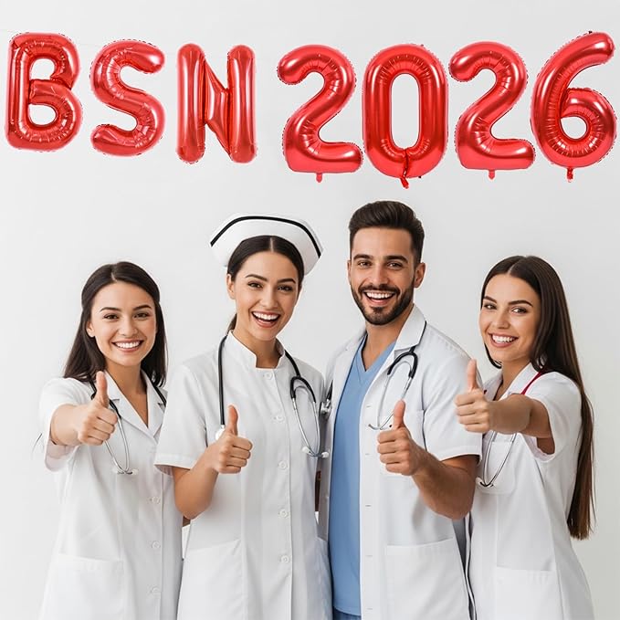 TONIFUL 2026 Nurse Graduation Decorations Red BSN 2026 Balloons 16 Inch BSN 2026 Banner Class of 2026 Congrats Nurse Balloons Decorations 2026 Nursing Graduation Party Supplies