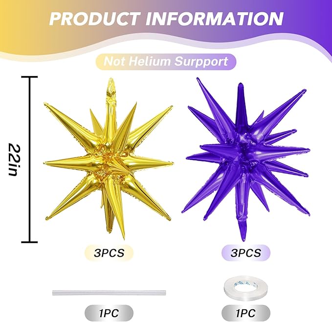 6PCS Purple Gold Star Balloons, 22Inch Large Star Shaped Balloon Foil Spike Balloon Cone Balloons for Graduation Birthday Wedding Baby Shower Halloween Festival Ceremony Decorations