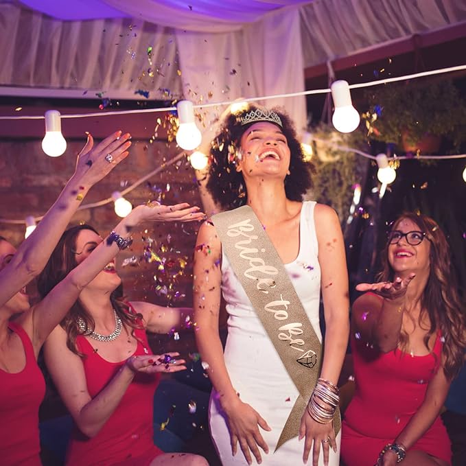 CIEHER Crystal Crown + Bride to Be Sash + Bridal Veil Set, Bachelorette Party Decorations - Rose Gold
