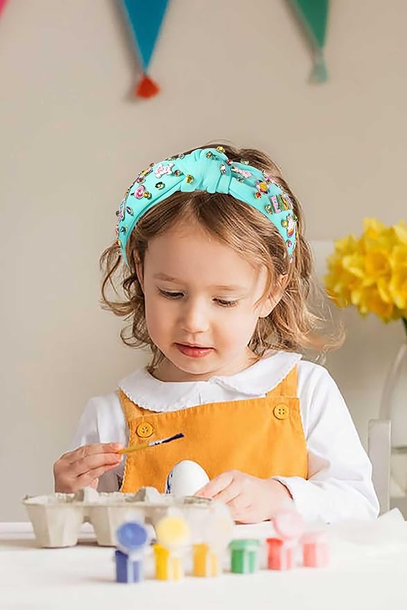 Easter Headband Spring Accessories for Women Easter Egg Bunny Knotted Headband Colorful Crystal Top Knot Headbands Spring Hair Accessories Gifts (EASTER-Blue)
