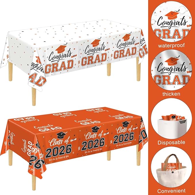 Oigco Graduation Decorations Class of 2026, 2 Pack Orange Graduation Tablecloths, Congrats Grad Plastic Table Cloths for Graduation Party Decorations, 54 x 108 Inch