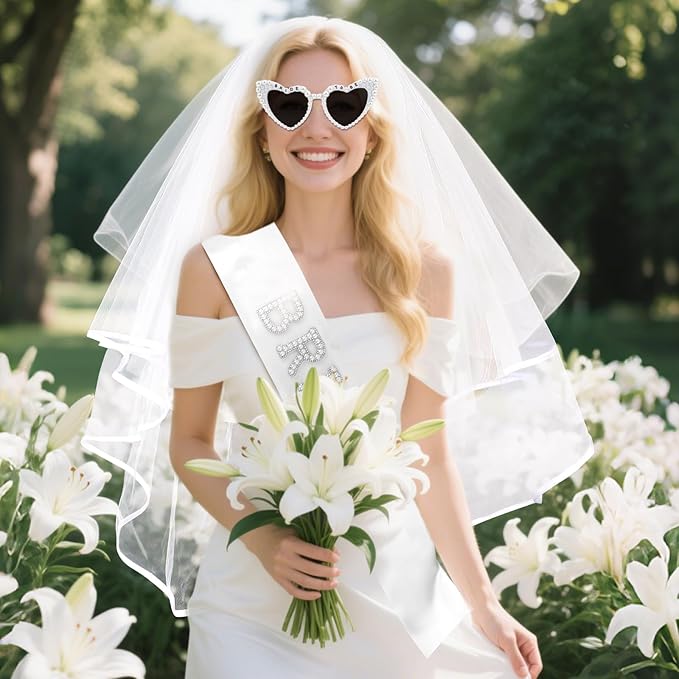 Bride to Be Set: Pearl-Trimmed Heart Sunglasses, Pearl BRIDE Sash & Tulle Veil - Bachelorette Party Bridal Accessories