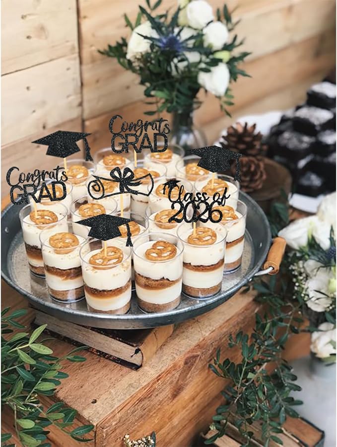 2026 Graduation Theme Cupcake Toppers Glitter Class of 2026 Graduation Cap Diploma Cupcake Picks - Set of 24 (Black)