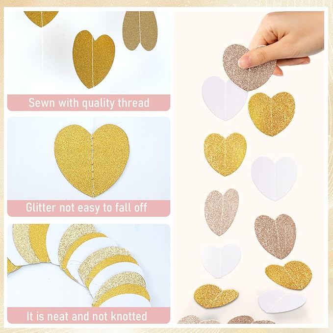 White-Gold Champagne Party-Decorations, 52Ft Glitter Hearts Garlands, Hanging Paper Streamer Banner for Bachelorette Wedding Birthday Graduation Neutral Baby Bridal Shower Valentines Day Decor