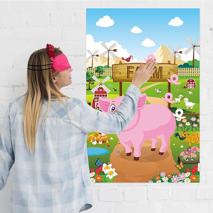 Hooqict Pin The Tail on The Pig Party Game Farm Birthday Party Games for Kids Farm Animal Party Decorations Pig Party Supplies, Large Pin The Tail Game Poster with 36 Tail Stickers