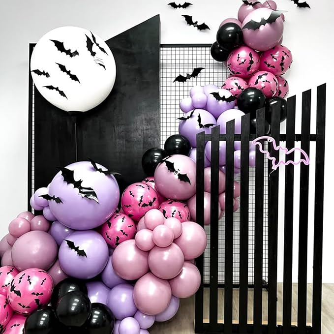 Halloween Balloon Arch Garland Kit, Black Pink Witch Halloween Balloons with Spider & Bat Decor, Metallic Fuchsia Pastel Goth Spooky Balloon for halloween Party Home Garden Outdoor Party Decorations