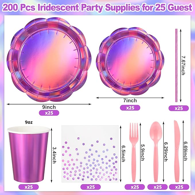 200 Pcs Pink Plates and Napkins Party Supplies, 25 Guest Scalloped Iridescent Pink Plates Napkins Cups Set Holographic Pink Party Decorations for Birthday, Mermaid, Disco Party