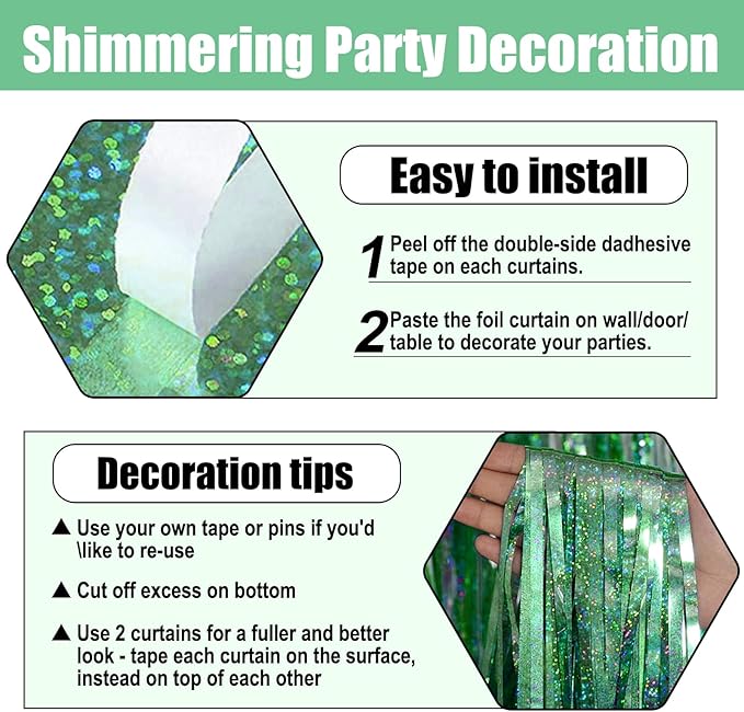 3 Pack Light Green Foil Fringe Curtain Backdrop, 3.28Ft x 8.2Ft Metallic Tinsel Foil Fringe Streamer Curtains for Photo Booth, Mother's Day, Easter, Birthday, Wedding Party Decorations