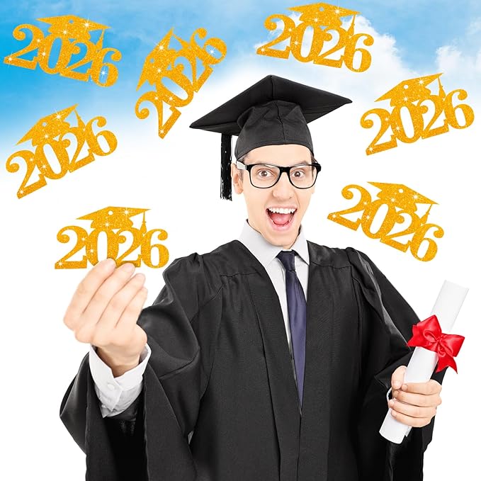 Chinco 24 Pcs 2026 Graduation Decorations Class of 2026 Graduation Centerpieces for Table Glitter Cutouts Grad Cap Tags Double Side Sparkling Glitter Confetti Party Decor for Vase Mason Jar(Gold)