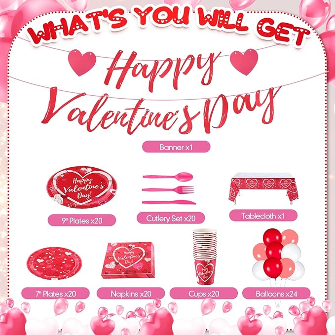 Jenaai 166 Pcs Happy Valentine's Day Party Supplies Valentine's Day Tableware Set Decorations Include Pink Love Banner Disposable Heart Plates Napkins Forks Cups Knives Spoons Balloons for Dinner