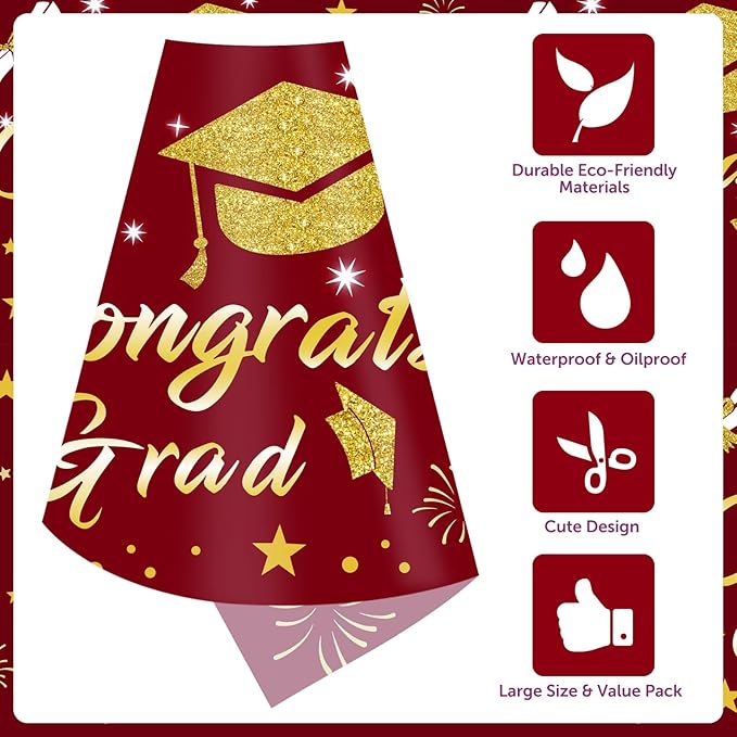 Graduation Tablecloth Party Decorations Class of 2026 3 Pack Maroon and Gold 54"x108" Congrats Grad Disposable Rectangle Table Cover Plastic Burgundy Table Cloth for College High School Party Supplies