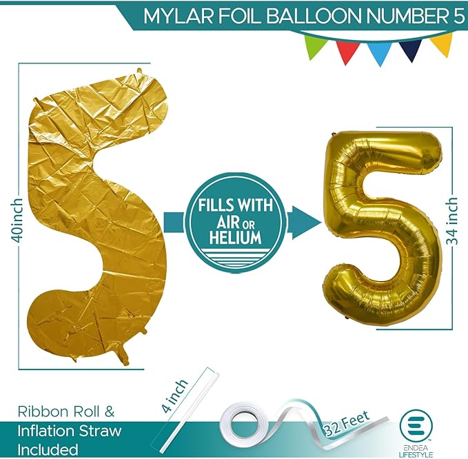 40 Inch Large Gold Number Celebration and Decoration Balloon for Birthday Parties, Graduations, Anniversaries, Weddings, Photo Shoots, Special Events - Helium Foil Mylar (Gold Number 5)