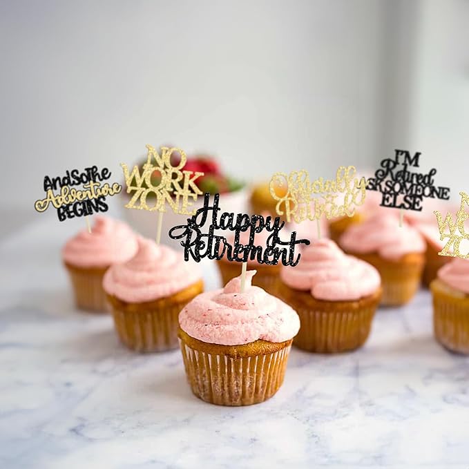 Gyufise 30Pcs Happy Retirement Cupcake Toppers Officially Retired Cupcake Picks No Work Zone Adventure Begins Cake Decorations for Retirement Theme Farewell Birthday Party Supplies Black Gold
