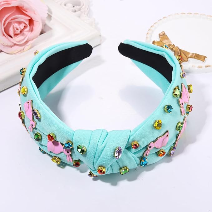 Easter Headbands for Women Girls Cute Easter Bunny Headband Jeweled Crystal Embellished Knotted Headband Holiday Party Hair Accessories (Bunny Blue)